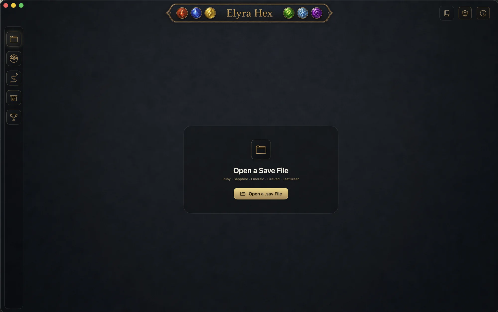 Elyra Hex's welcome screen — open a Generation III save file to begin