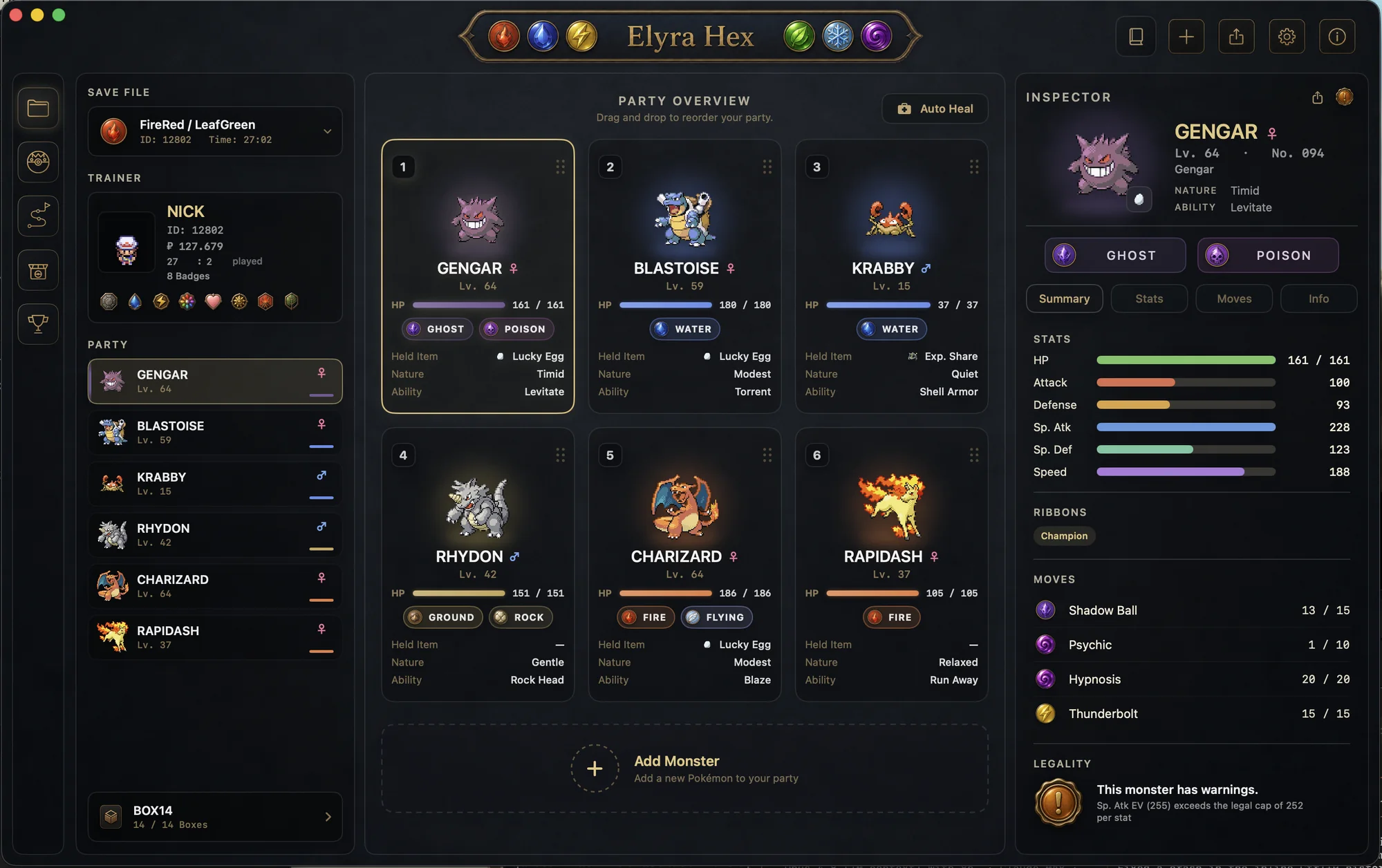 Elyra Hex — the party board and inspector for a FireRed save, the whole game in one window