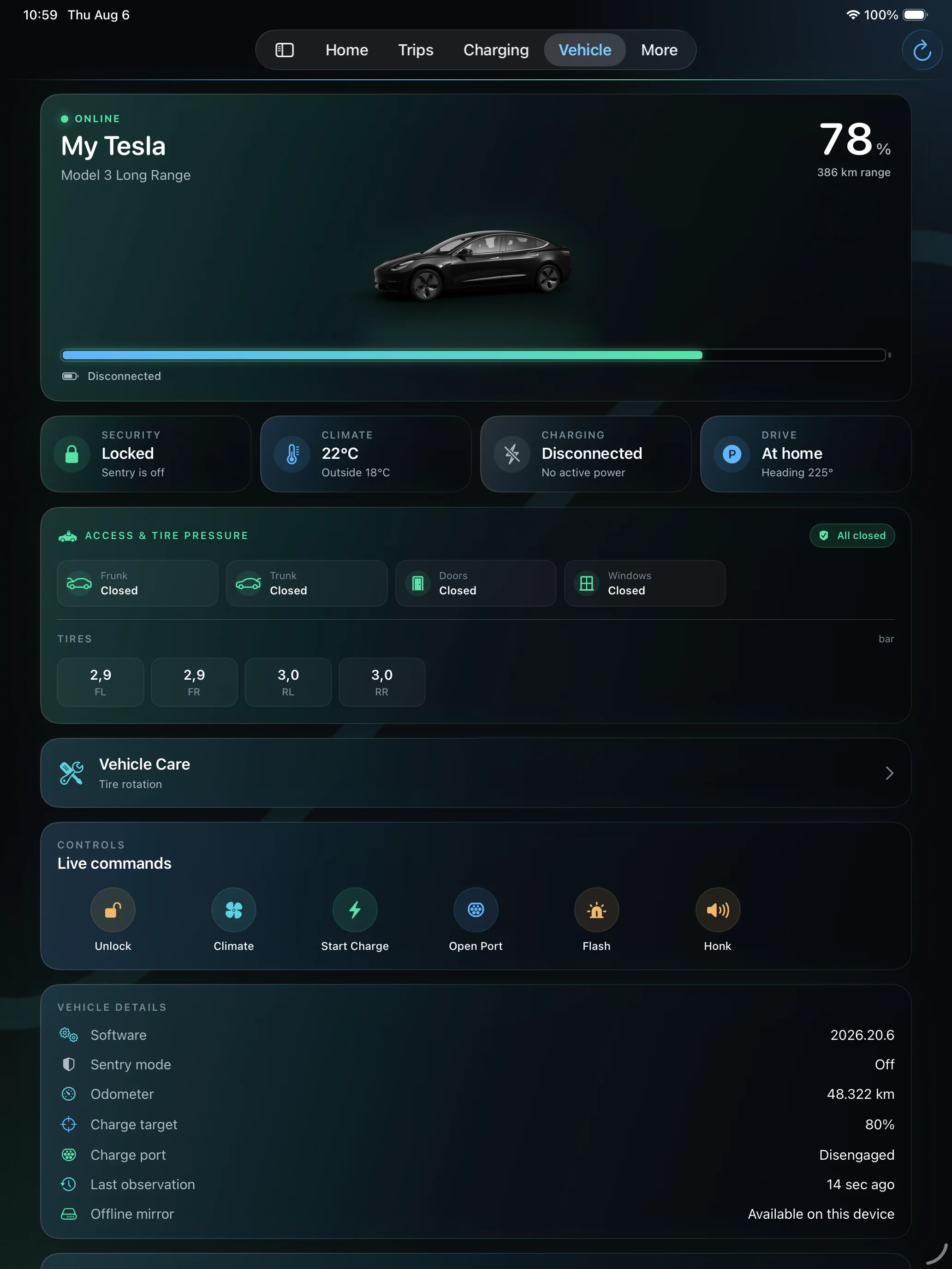 VoltDash 1.1 Vehicle screen on iPad showing demo vehicle health, Vehicle Care and live commands