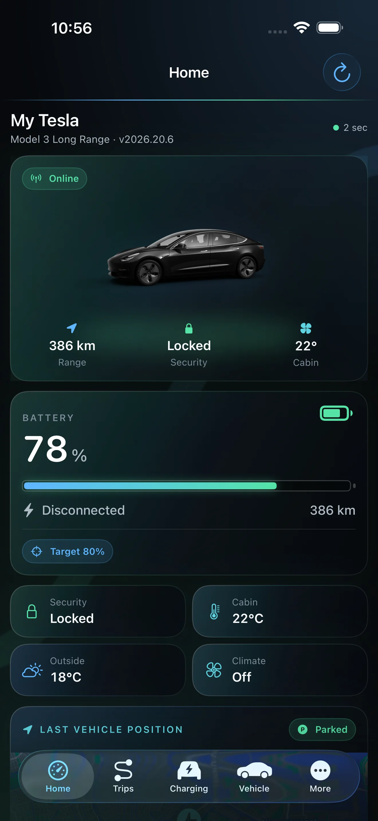 VoltDash Home on iPhone showing demo vehicle status and battery information