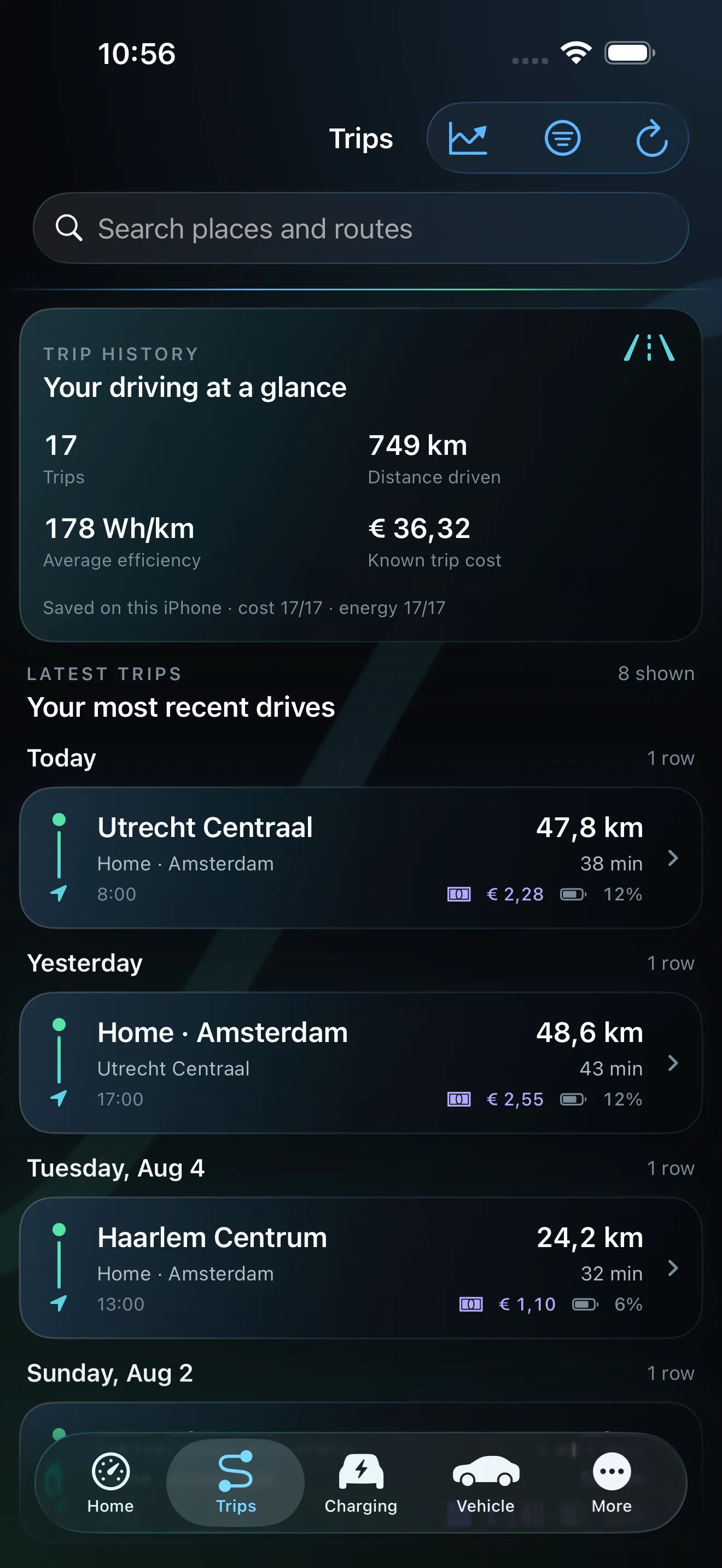 Current VoltDash 1.1 Trips screen on iPhone with fictional demo data