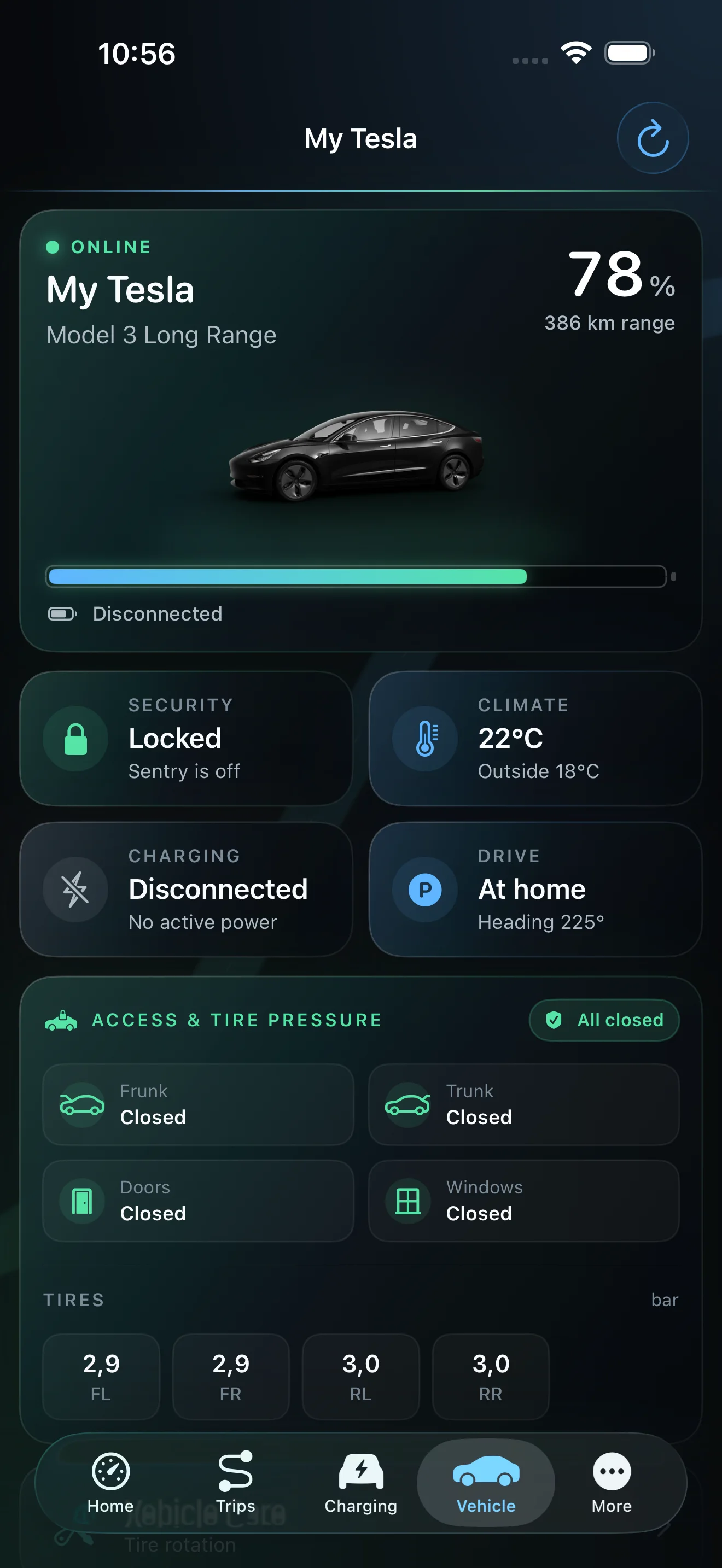 Current VoltDash 1.1 Vehicle screen on iPhone with fictional demo data