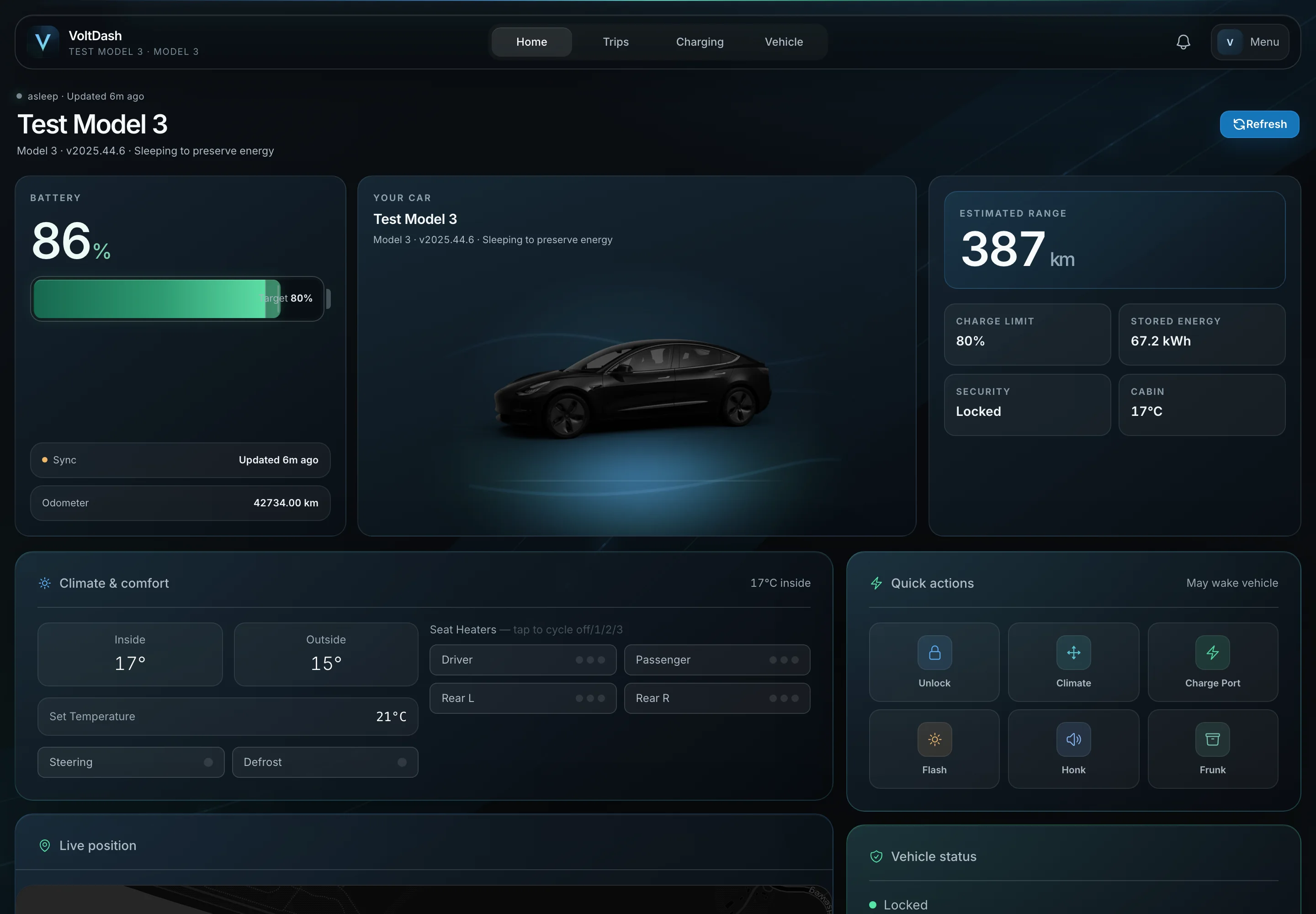 Current VoltDash web dashboard with fictional demo vehicle, driving and charging data